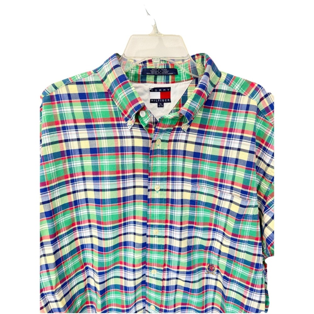 Vintage Tommy Hilfiger Colorful Plaid Crest Shirt Men XL Button Up Short Sleeve - Picture 4 of 9
